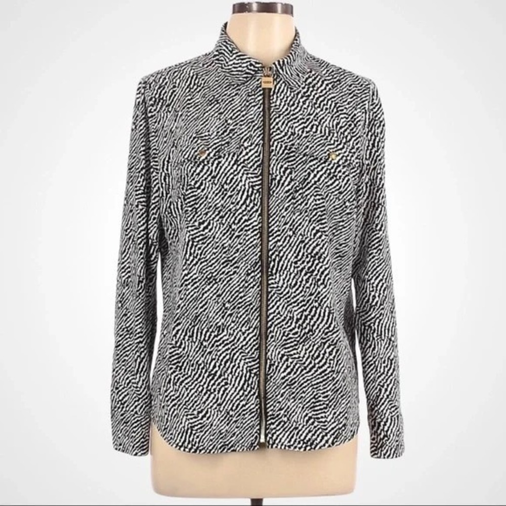Michael Kors Zebra‎ Print Full Zip Blouse Large Petite Black White Collared Top